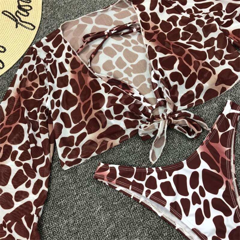 GNIM Long Sleeve Mesh Bikini Swimwear Women Three Pieces 2020 Leopard Swimsuit Female Summer Sexy Bathing Suit Brazilian Biquini