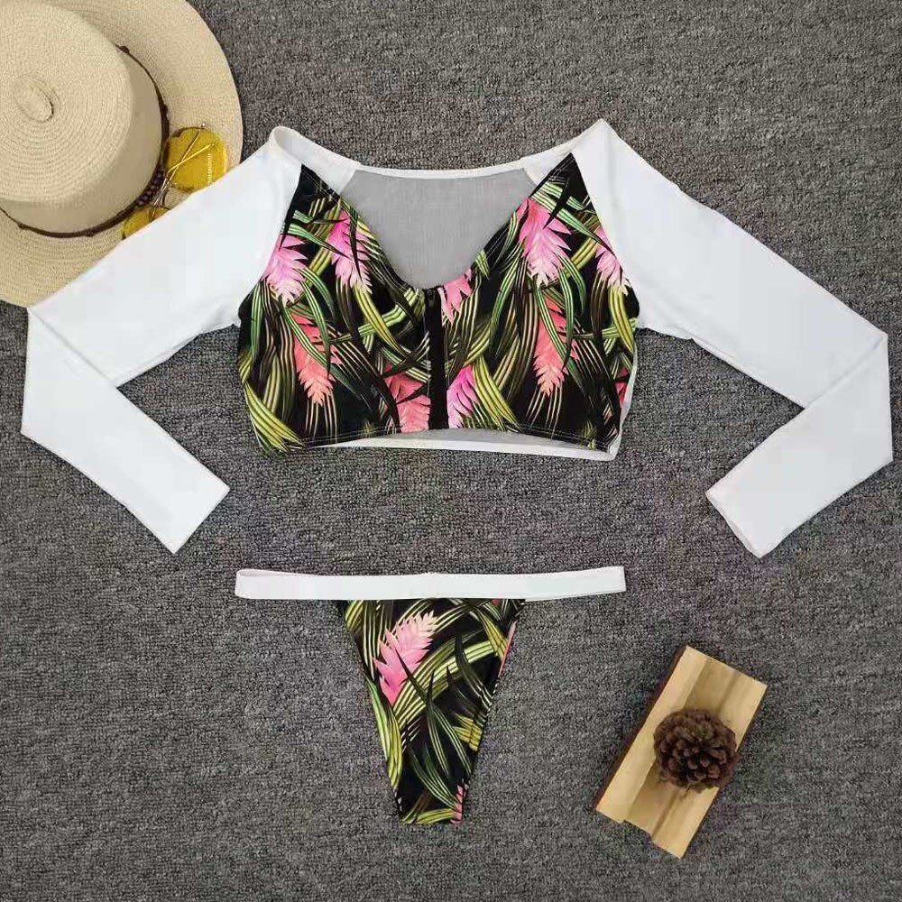 Leaves Print Swimsuit Female Long Sleeve Mesh Bikini Summer 2020 New one piece Bodysuit Push up Swimwear Women Monokini