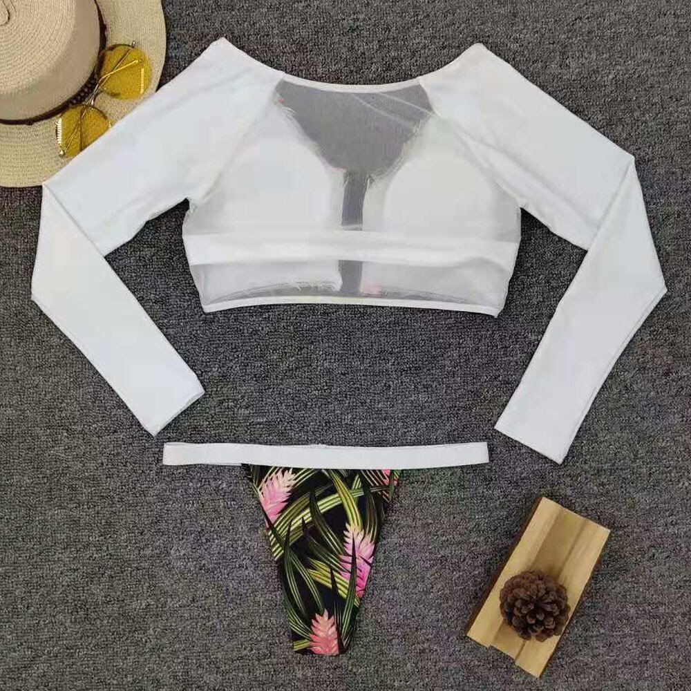Leaves Print Swimsuit Female Long Sleeve Mesh Bikini Summer 2020 New one piece Bodysuit Push up Swimwear Women Monokini