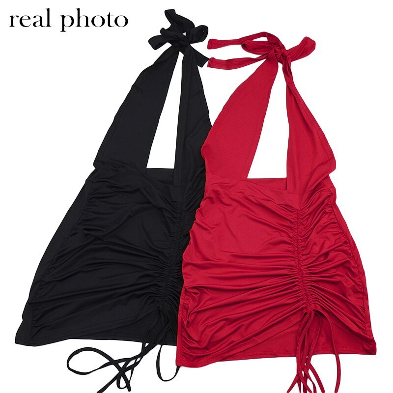 Simenual Drawstring Halter Neck Party Dresses Ruched Bandage Hot Sexy Club Night Birthday Outfit Women Skinny Mini Summer Dress