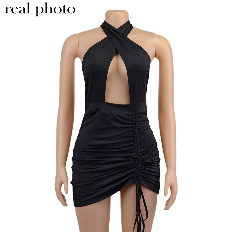 Simenual Drawstring Halter Neck Party Dresses Ruched Bandage Hot Sexy Club Night Birthday Outfit Women Skinny Mini Summer Dress