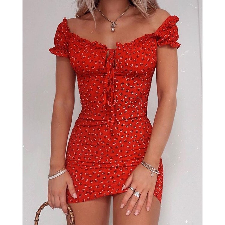 Women Floral Wrap Dress Off Shoulder Tie Up Front Ruffle Mini Dress Summer Office Lady Slash Neck Printed Pencil Dress Women Floral Wrap Dress Off Shoulder Tie Up Front Ruffle Mini Dress Summer Office Lady Slash Neck Printed Pencil Dress