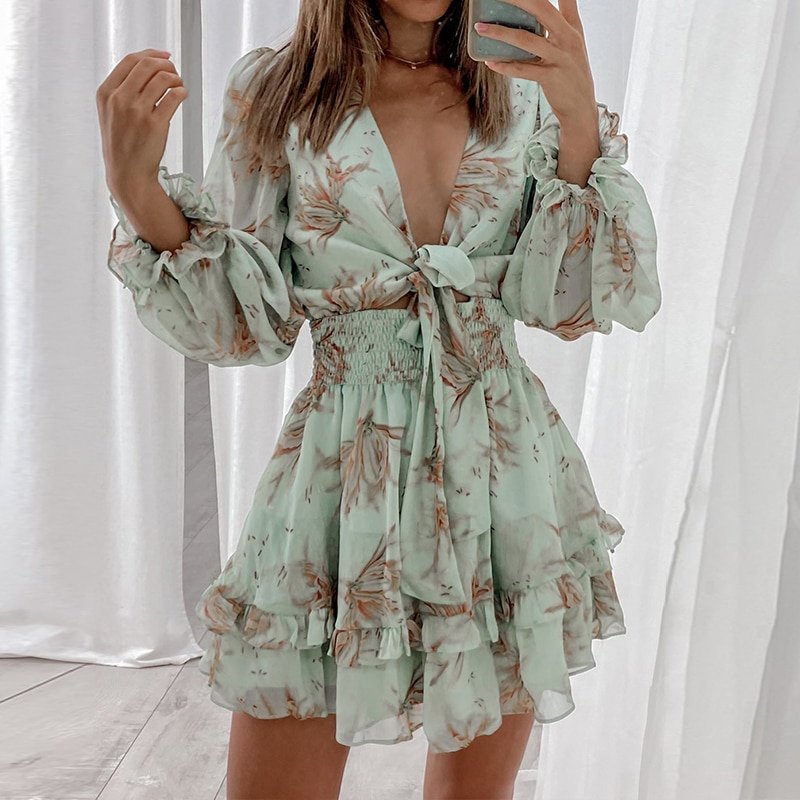 Women Spring V Neck Chiffon Print Dress Self-tie Knot Front Ruffles Leopard Dress Female Sexy Short A Line Party Vestidos 2021 Women Spring V Neck Chiffon Print Dress Self-tie Knot Front Ruffles Leopard Dress Female Sexy Short A Line Party Vestidos 2021