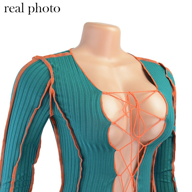Simenual Lace Up Deep V Neck Ribbed Long Sleeve Bodycon Dresses Women Patchwork Hot Club Partywear Sexy Fashion Mini Dress Fall
