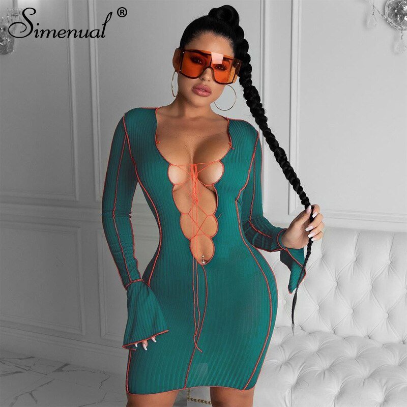 Simenual Lace Up Deep V Neck Ribbed Long Sleeve Bodycon Dresses Women Patchwork Hot Club Partywear Sexy Fashion Mini Dress Fall
