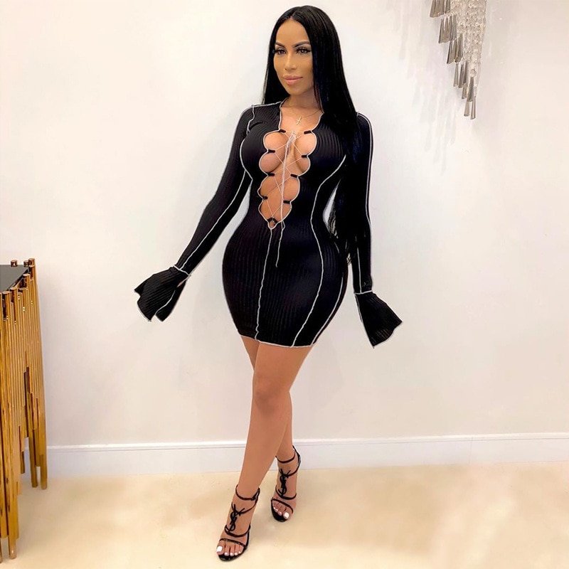 Simenual Lace Up Deep V Neck Ribbed Long Sleeve Bodycon Dresses Women Patchwork Hot Club Partywear Sexy Fashion Mini Dress Fall Simenual Lace Up Deep V Neck Ribbed Long Sleeve Bodycon Dresses Women Patchwork Hot Club Partywear Sexy Fashion Mini Dress Fall