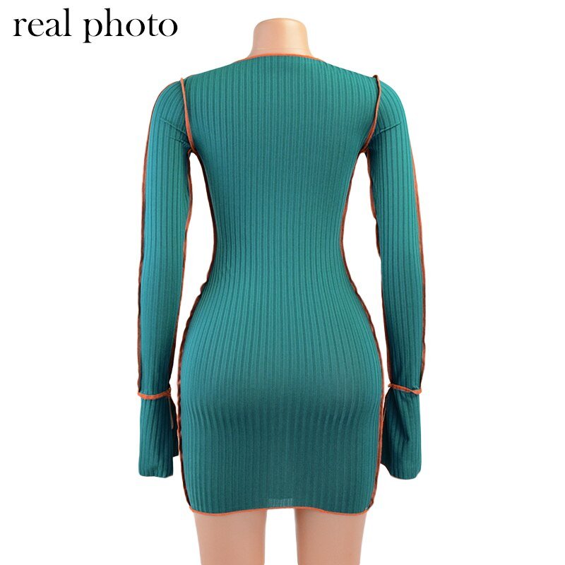 Simenual Lace Up Deep V Neck Ribbed Long Sleeve Bodycon Dresses Women Patchwork Hot Club Partywear Sexy Fashion Mini Dress Fall