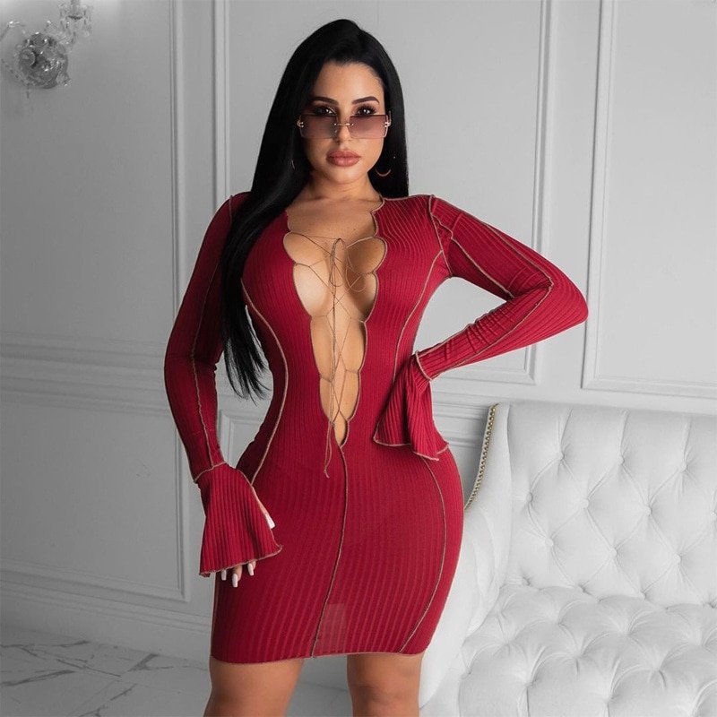 Simenual Lace Up Deep V Neck Ribbed Long Sleeve Bodycon Dresses Women Patchwork Hot Club Partywear Sexy Fashion Mini Dress Fall Simenual Lace Up Deep V Neck Ribbed Long Sleeve Bodycon Dresses Women Patchwork Hot Club Partywear Sexy Fashion Mini Dress Fall