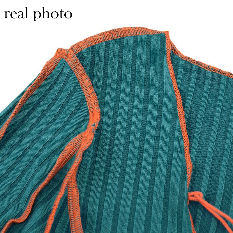 Simenual Lace Up Deep V Neck Ribbed Long Sleeve Bodycon Dresses Women Patchwork Hot Club Partywear Sexy Fashion Mini Dress Fall