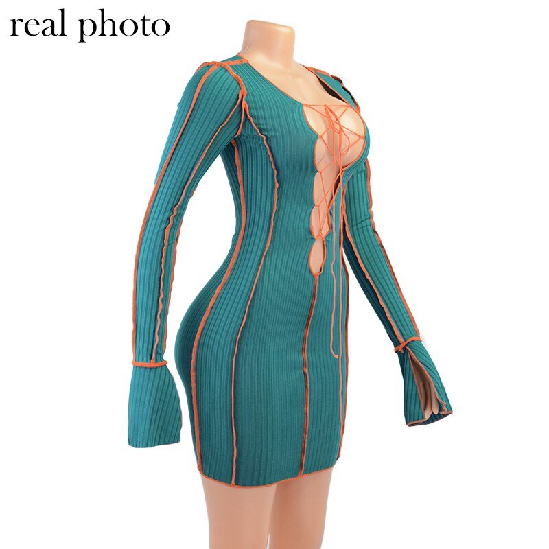 Simenual Lace Up Deep V Neck Ribbed Long Sleeve Bodycon Dresses Women Patchwork Hot Club Partywear Sexy Fashion Mini Dress Fall