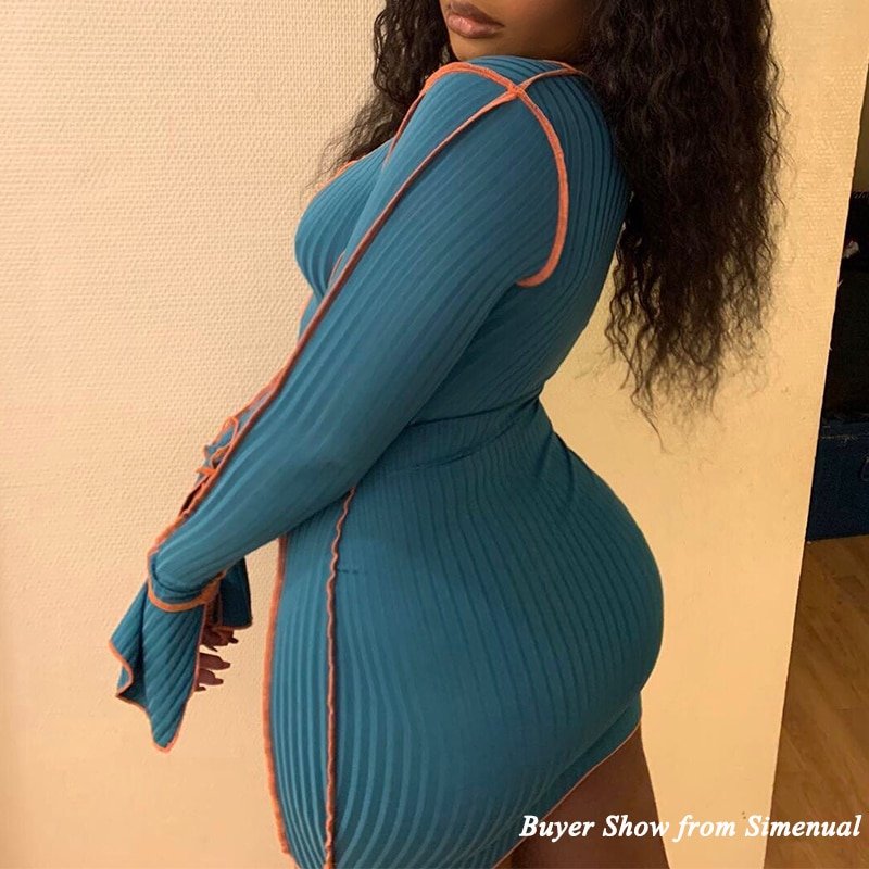 Simenual Lace Up Deep V Neck Ribbed Long Sleeve Bodycon Dresses Women Patchwork Hot Club Partywear Sexy Fashion Mini Dress Fall Simenual Lace Up Deep V Neck Ribbed Long Sleeve Bodycon Dresses Women Patchwork Hot Club Partywear Sexy Fashion Mini Dress Fall