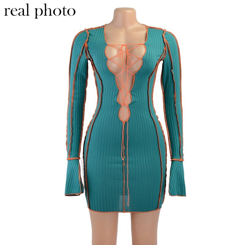 Simenual Lace Up Deep V Neck Ribbed Long Sleeve Bodycon Dresses Women Patchwork Hot Club Partywear Sexy Fashion Mini Dress Fall