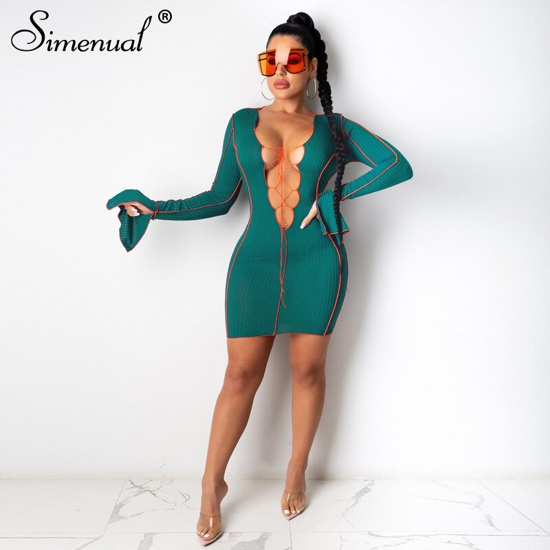 Simenual Lace Up Deep V Neck Ribbed Long Sleeve Bodycon Dresses Women Patchwork Hot Club Partywear Sexy Fashion Mini Dress Fall