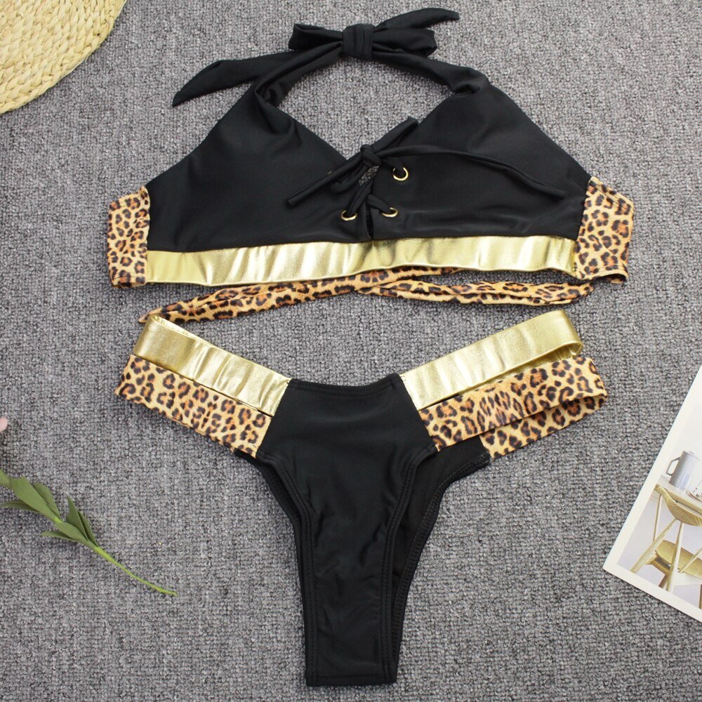 Sexy Black Bikini 2021 Women Swimsuit Halter Top Bandage Swimwear High Waist Bikinis Set Swimming Wear for Feamel Bathing Suit