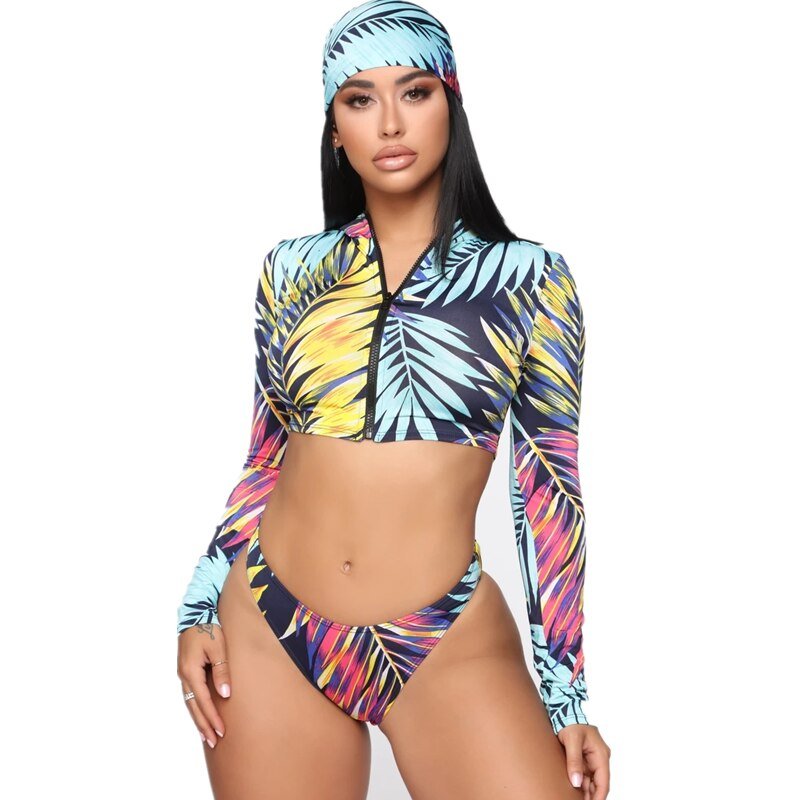 2020 Sexy Long Sleeve Bikinis Women Swimsuit Green Leaves Print Bathing Suits Beachwear Brazilian Bikini Set Biquini Female 2020 Sexy Long Sleeve Bikinis Women Swimsuit Green Leaves Print Bathing Suits Beachwear Brazilian Bikini Set Biquini Female