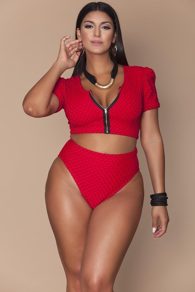 XL-4XL Plus Size Bikini Set Pad Zipper Front Swimsuit Large Swimwear 2019 High Waist Monokini Female Short Sleeve Bathing Suit