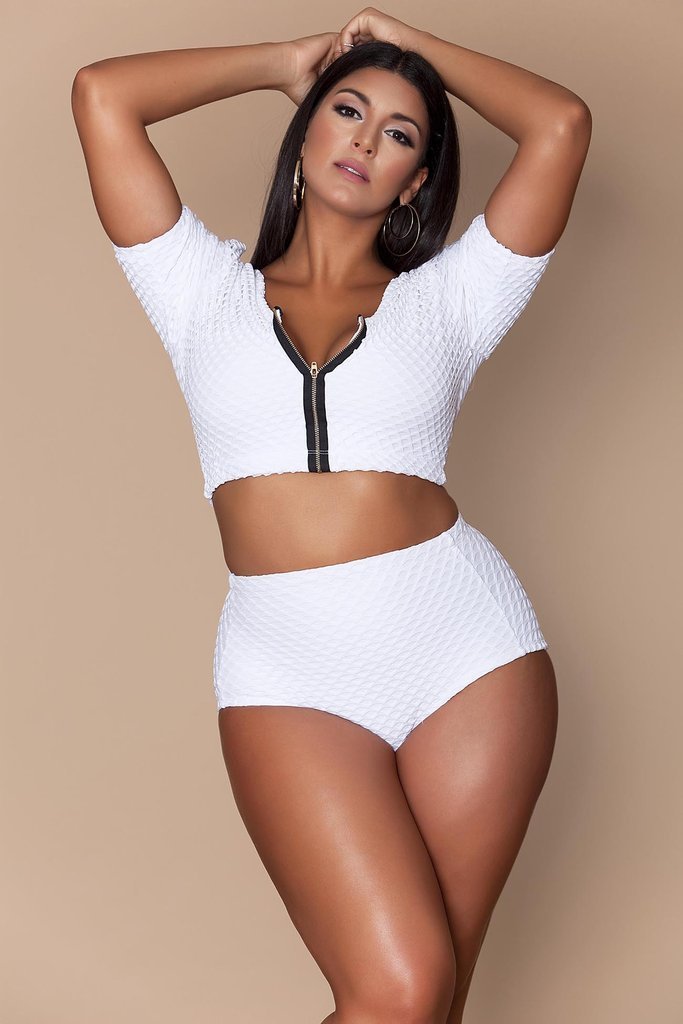 XL-4XL Plus Size Bikini Set Pad Zipper Front Swimsuit Large Swimwear 2019 High Waist Monokini Female Short Sleeve Bathing Suit