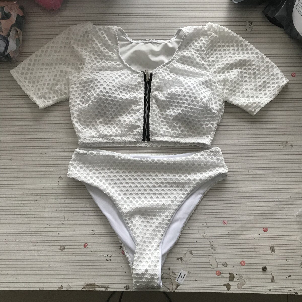 XL-4XL Plus Size Bikini Set Pad Zipper Front Swimsuit Large Swimwear 2019 High Waist Monokini Female Short Sleeve Bathing Suit