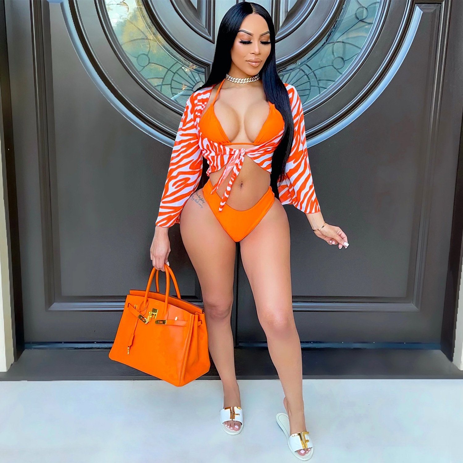 Summer Sexy Women Long Sleeve Short Paragraph Bikini Set Push-Up Bandage Swimwear Swimsuit Bathing Suit