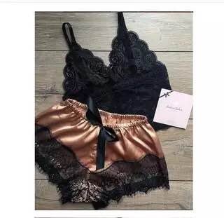 2PCS Women Underwear Sexy Silk Satin Lingerie Pajamas Crop Tops Bra+Shorts Sets Sexy Female V-Neck Sleeveless Nightwear