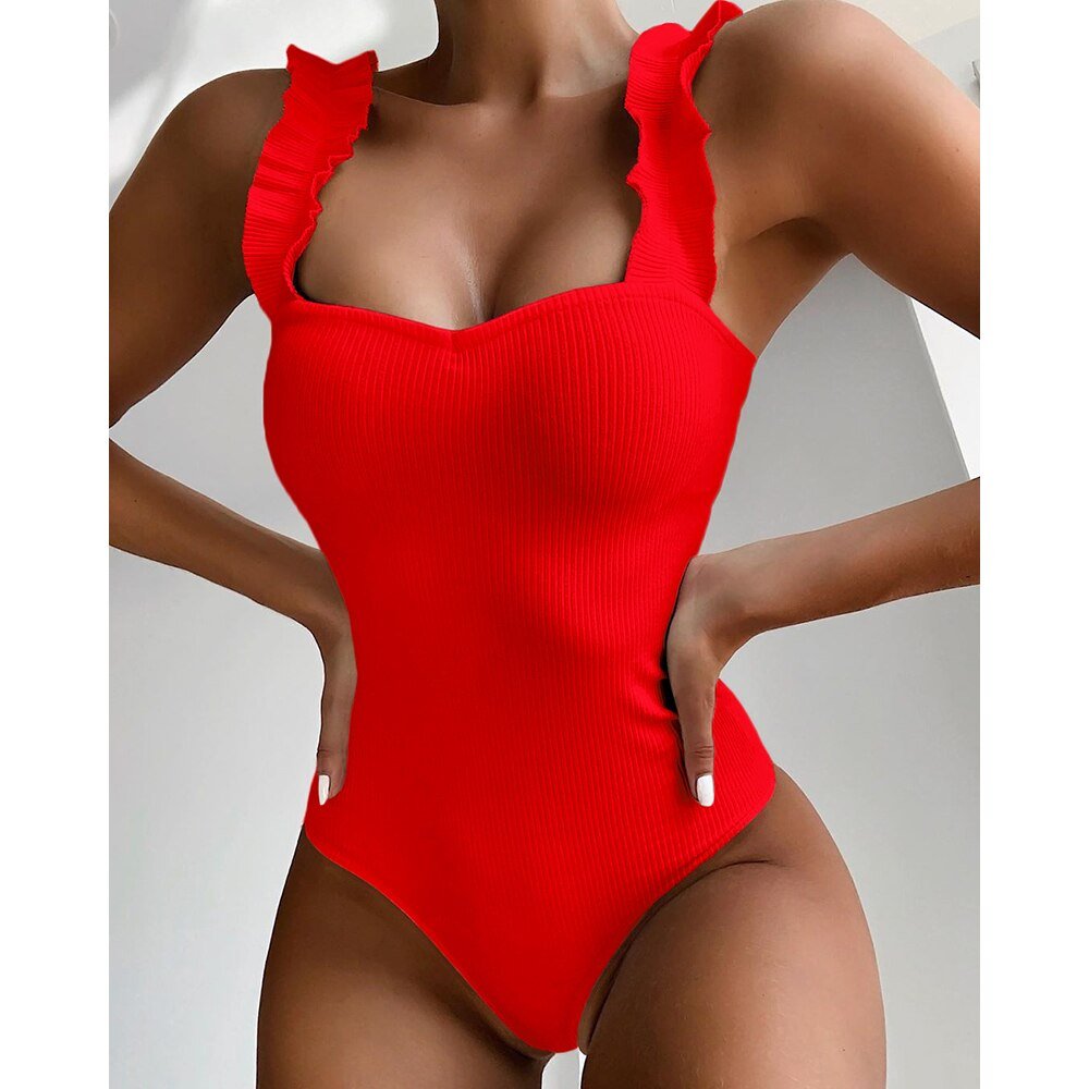EVISPORTS 2021 New Sexy Female Swimsuit Vintage One Piece Ruffled Push Up Solid Red Swimwear Women Monokini Padded Bathing Suits EVISPORTS 2021 New Sexy Female Swimsuit Vintage One Piece Ruffled Push Up Solid Red Swimwear Women Monokini Padded Bathing Suits