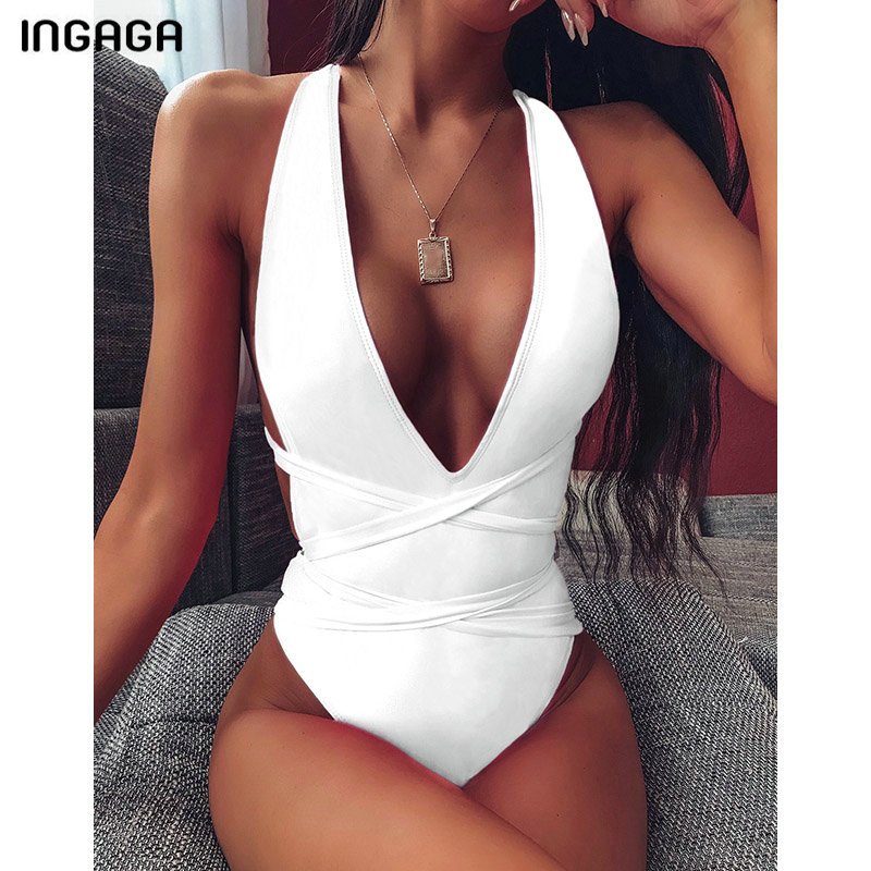 INGAGA 2021 Sexy Plunging Swimsuit One Piece High Cut Swimwear Women Cross Bandage Beachwear Summer Backless Bathing Suit Women INGAGA 2021 Sexy Plunging Swimsuit One Piece High Cut Swimwear Women Cross Bandage Beachwear Summer Backless Bathing Suit Women