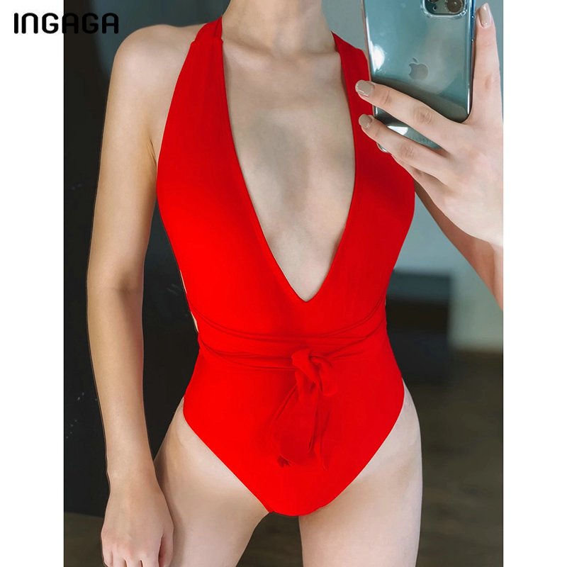 INGAGA 2021 Sexy Plunging Swimsuit One Piece High Cut Swimwear Women Cross Bandage Beachwear Summer Backless Bathing Suit Women INGAGA 2021 Sexy Plunging Swimsuit One Piece High Cut Swimwear Women Cross Bandage Beachwear Summer Backless Bathing Suit Women