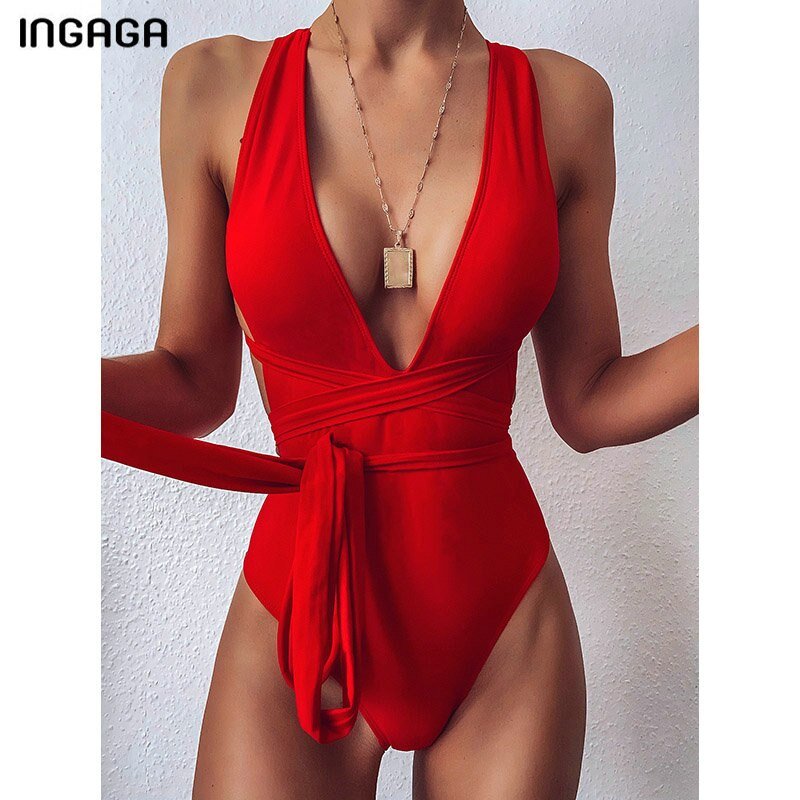 INGAGA 2021 Sexy Plunging Swimsuit One Piece High Cut Swimwear Women Cross Bandage Beachwear Summer Backless Bathing Suit Women INGAGA 2021 Sexy Plunging Swimsuit One Piece High Cut Swimwear Women Cross Bandage Beachwear Summer Backless Bathing Suit Women
