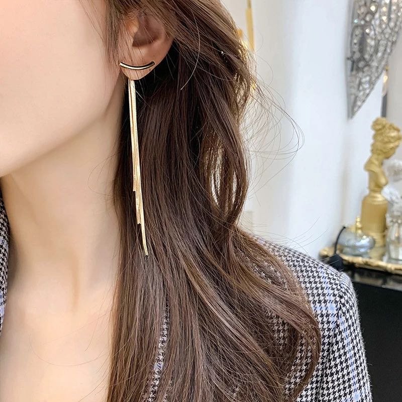 Vintage Gold Color Bar Long Thread Tassel Drop Earrings for Women Glossy Arc Geometric Korean Earring Fashion Jewelry 2020 New