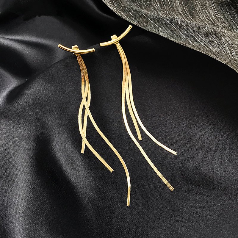 Vintage Gold Color Bar Long Thread Tassel Drop Earrings for Women Glossy Arc Geometric Korean Earring Fashion Jewelry 2020 New