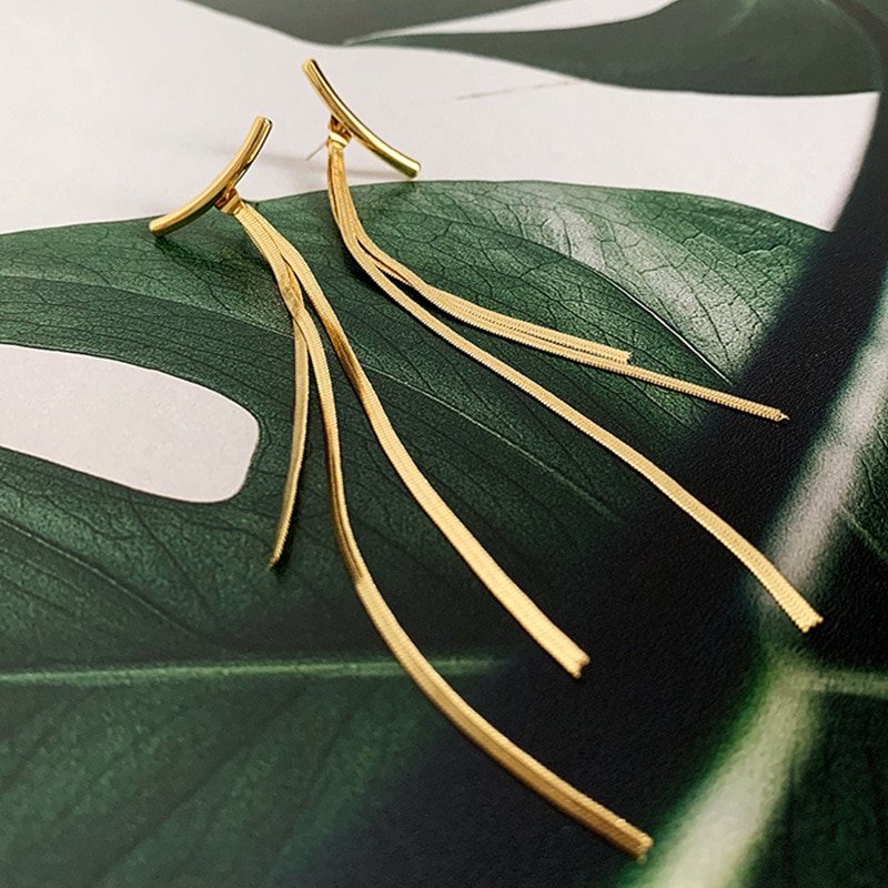 Vintage Gold Color Bar Long Thread Tassel Drop Earrings for Women Glossy Arc Geometric Korean Earring Fashion Jewelry 2020 New