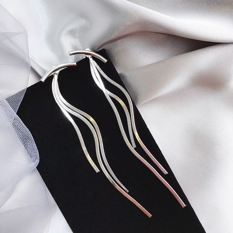 Vintage Gold Color Bar Long Thread Tassel Drop Earrings for Women Glossy Arc Geometric Korean Earring Fashion Jewelry 2020 New
