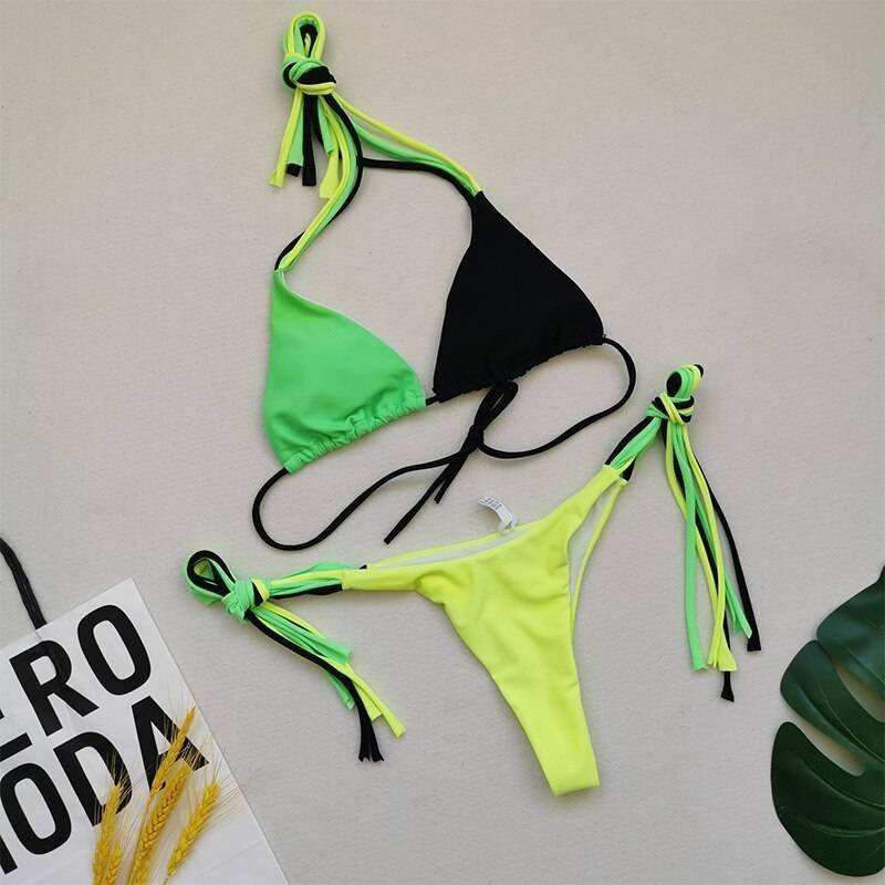 Brazilian patchwork bikini set Triangle micro swimsuit String low waist swimwear women Halter backless bathing suit Sexy biquini