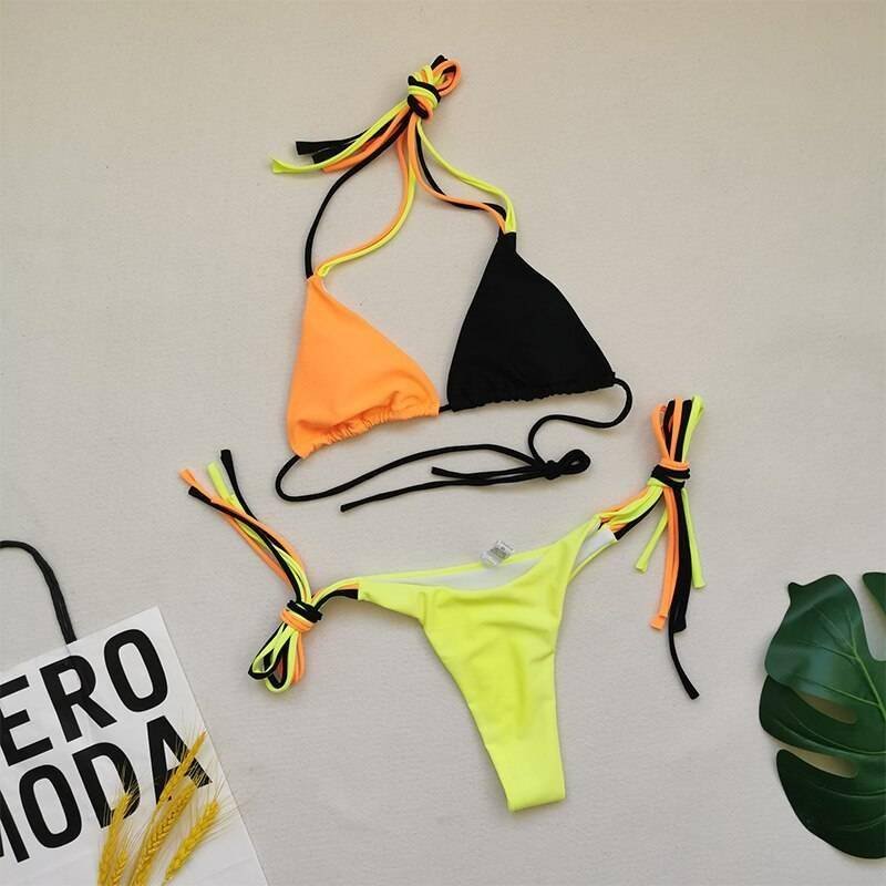 Brazilian patchwork bikini set Triangle micro swimsuit String low waist swimwear women Halter backless bathing suit Sexy biquini
