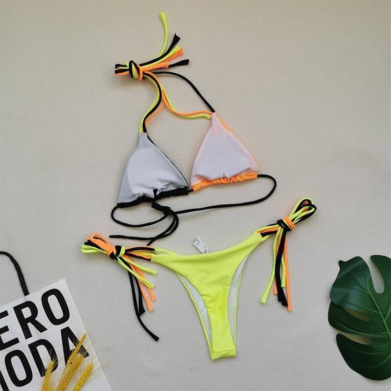 Brazilian patchwork bikini set Triangle micro swimsuit String low waist swimwear women Halter backless bathing suit Sexy biquini