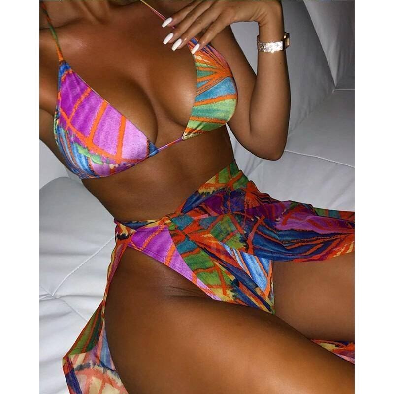 Brazilian print swimsuit women Triangle micro bikini 2021 Long skirt swimwear women String lace up beach wear High cut biquini