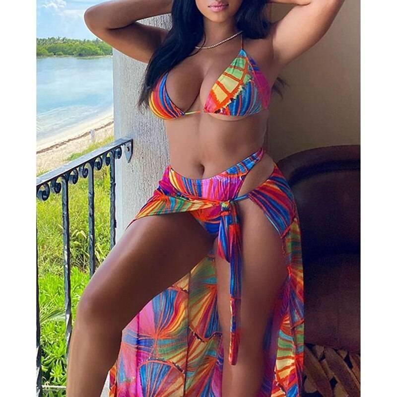 Brazilian print swimsuit women Triangle micro bikini 2021 Long skirt swimwear women String lace up beach wear High cut biquini