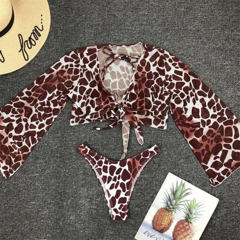 GNIM Long Sleeve Mesh Bikini Swimwear Women Three Pieces 2020 Leopard Swimsuit Female Summer Sexy Bathing Suit Brazilian Biquini