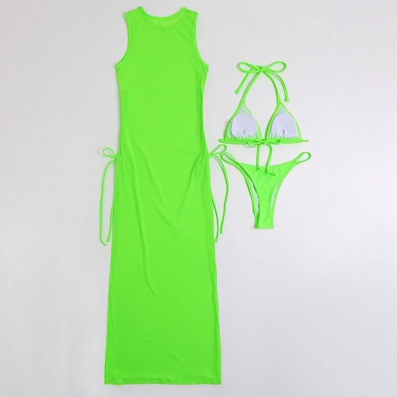 In-X Black 3 pieces set High neck swimwear female swimsuit cover-ups for women Skirts bikini Halter triangle bathing suit 2021