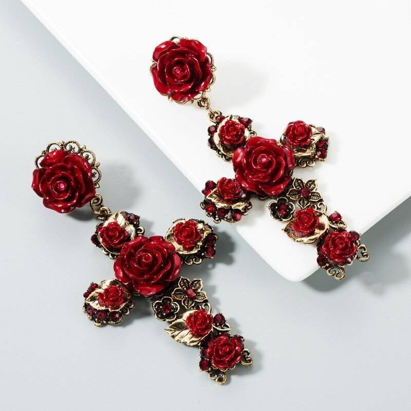 KMVEXO Baroque Vintage Gold Cross Earrings for Women Girls Enamel Rose Flowers Earrings Brincos Fashion Statement Jewelry 2020 KMVEXO Baroque Vintage Gold Cross Earrings for Women Girls Enamel Rose Flowers Earrings Brincos Fashion Statement Jewelry 2020