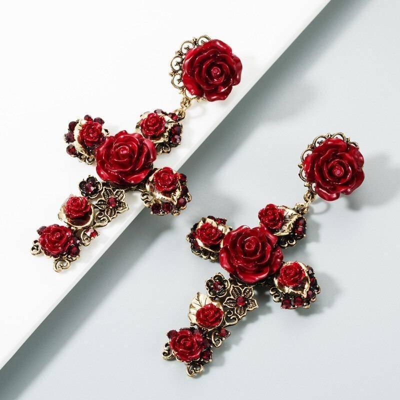 KMVEXO Baroque Vintage Gold Cross Earrings for Women Girls Enamel Rose Flowers Earrings Brincos Fashion Statement Jewelry 2020 KMVEXO Baroque Vintage Gold Cross Earrings for Women Girls Enamel Rose Flowers Earrings Brincos Fashion Statement Jewelry 2020