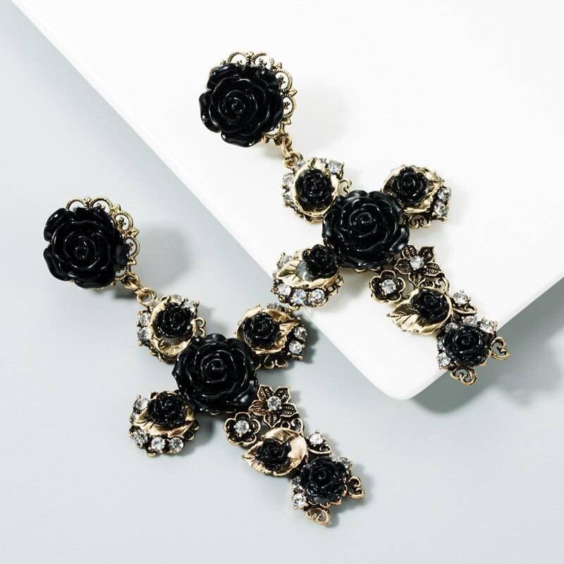 KMVEXO Baroque Vintage Gold Cross Earrings for Women Girls Enamel Rose Flowers Earrings Brincos Fashion Statement Jewelry 2020 KMVEXO Baroque Vintage Gold Cross Earrings for Women Girls Enamel Rose Flowers Earrings Brincos Fashion Statement Jewelry 2020