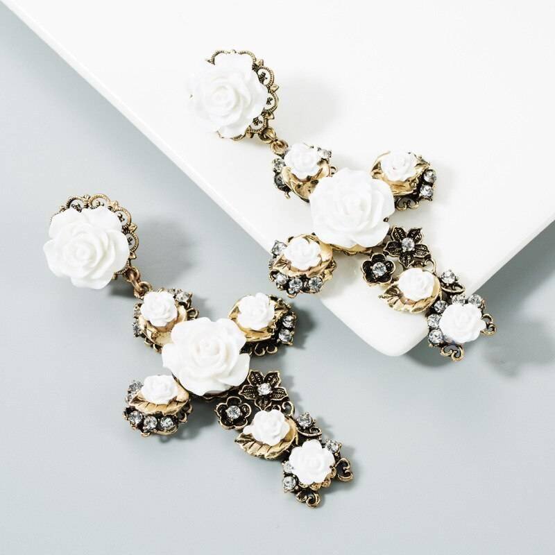 KMVEXO Baroque Vintage Gold Cross Earrings for Women Girls Enamel Rose Flowers Earrings Brincos Fashion Statement Jewelry 2020 KMVEXO Baroque Vintage Gold Cross Earrings for Women Girls Enamel Rose Flowers Earrings Brincos Fashion Statement Jewelry 2020