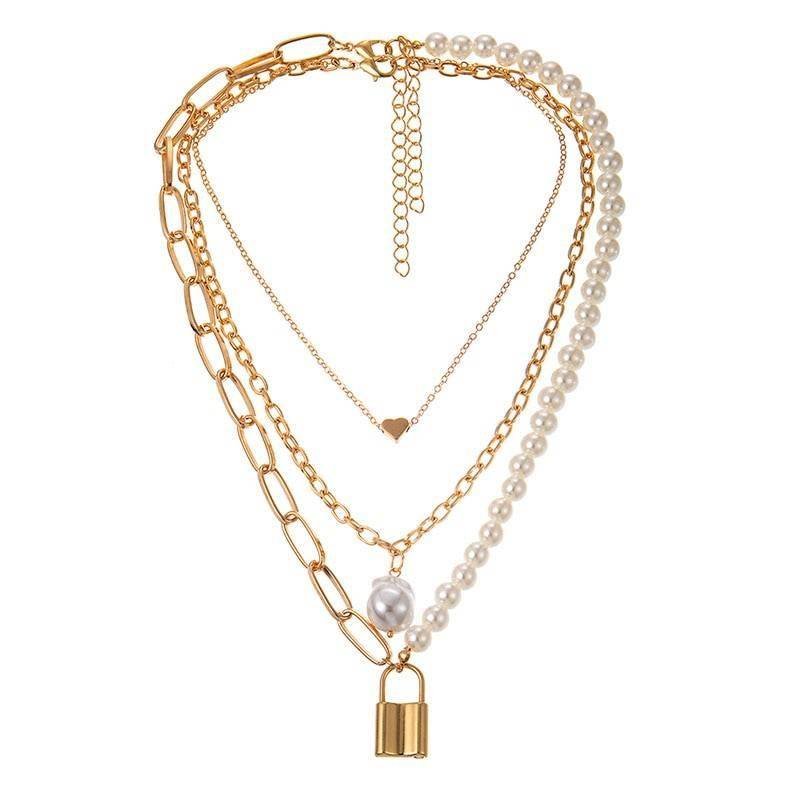 KMVEXO Fashion 2 Layers Pearls Geometric Pendants Necklaces For Women Gold Metal Snake Chain Necklace New Design Jewelry Gift