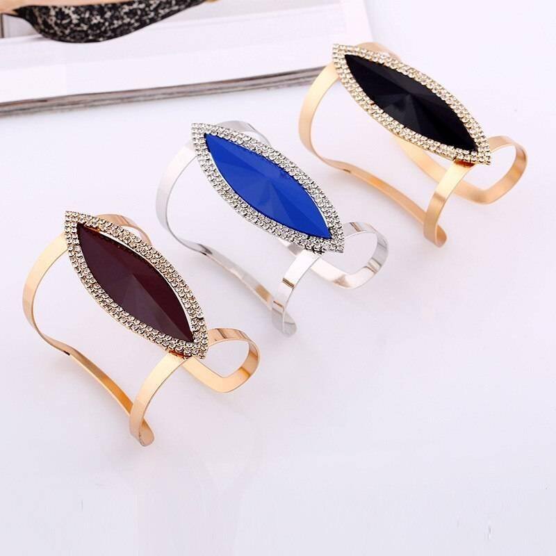 LZHLQ 2021 New Fashion Maxi Metal Bangles Women Trendy Resin Mosaic Crystal Bracelet Smooth Wide Opening Adjustable Bangle