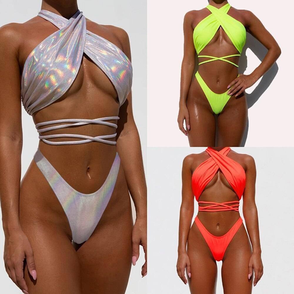New Sexy Bikini Swimwear Women Solid Color Conservative Personality Bandage Neck Split Swimsuit Luxury Design Bikini