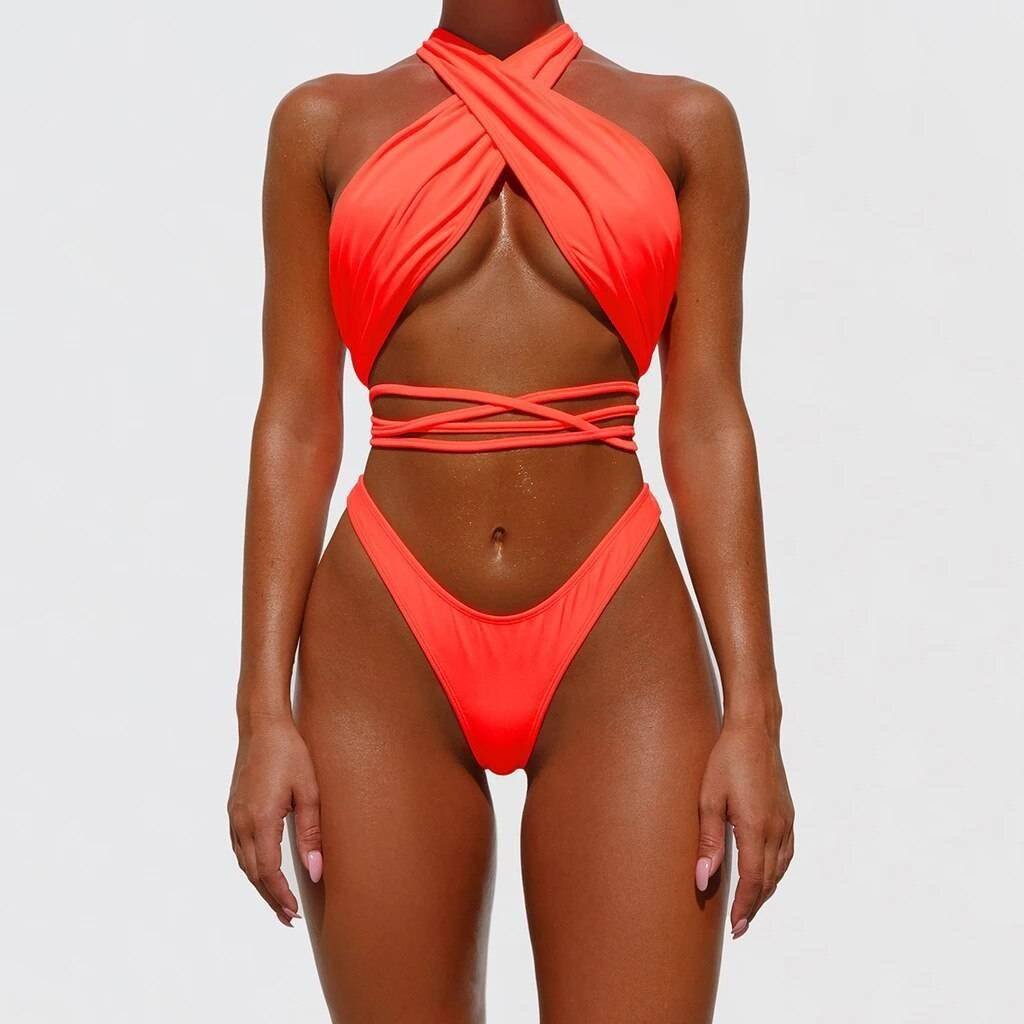 New Sexy Bikini Swimwear Women Solid Color Conservative Personality Bandage Neck Split Swimsuit Luxury Design Bikini
