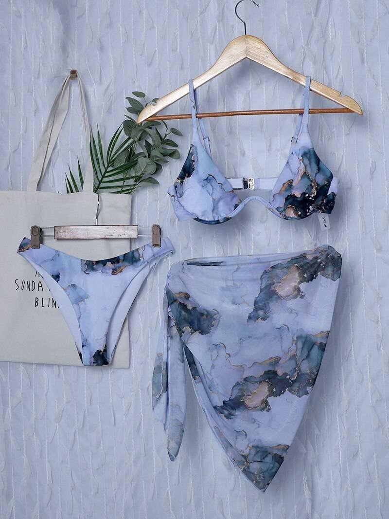 New Sexy Marble Print Push Up bikini Women Swimsuit Female Swimwear 3-piece Bikini set V-Bar Wired Short Skirt Bathing suit Swim