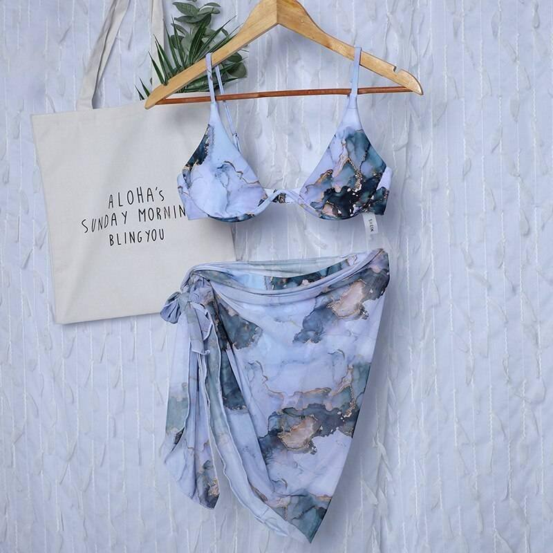 New Sexy Marble Print Push Up bikini Women Swimsuit Female Swimwear 3-piece Bikini set V-Bar Wired Short Skirt Bathing suit Swim
