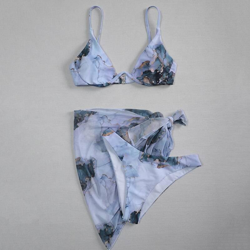 New Sexy Marble Print Push Up bikini Women Swimsuit Female Swimwear 3-piece Bikini set V-Bar Wired Short Skirt Bathing suit Swim
